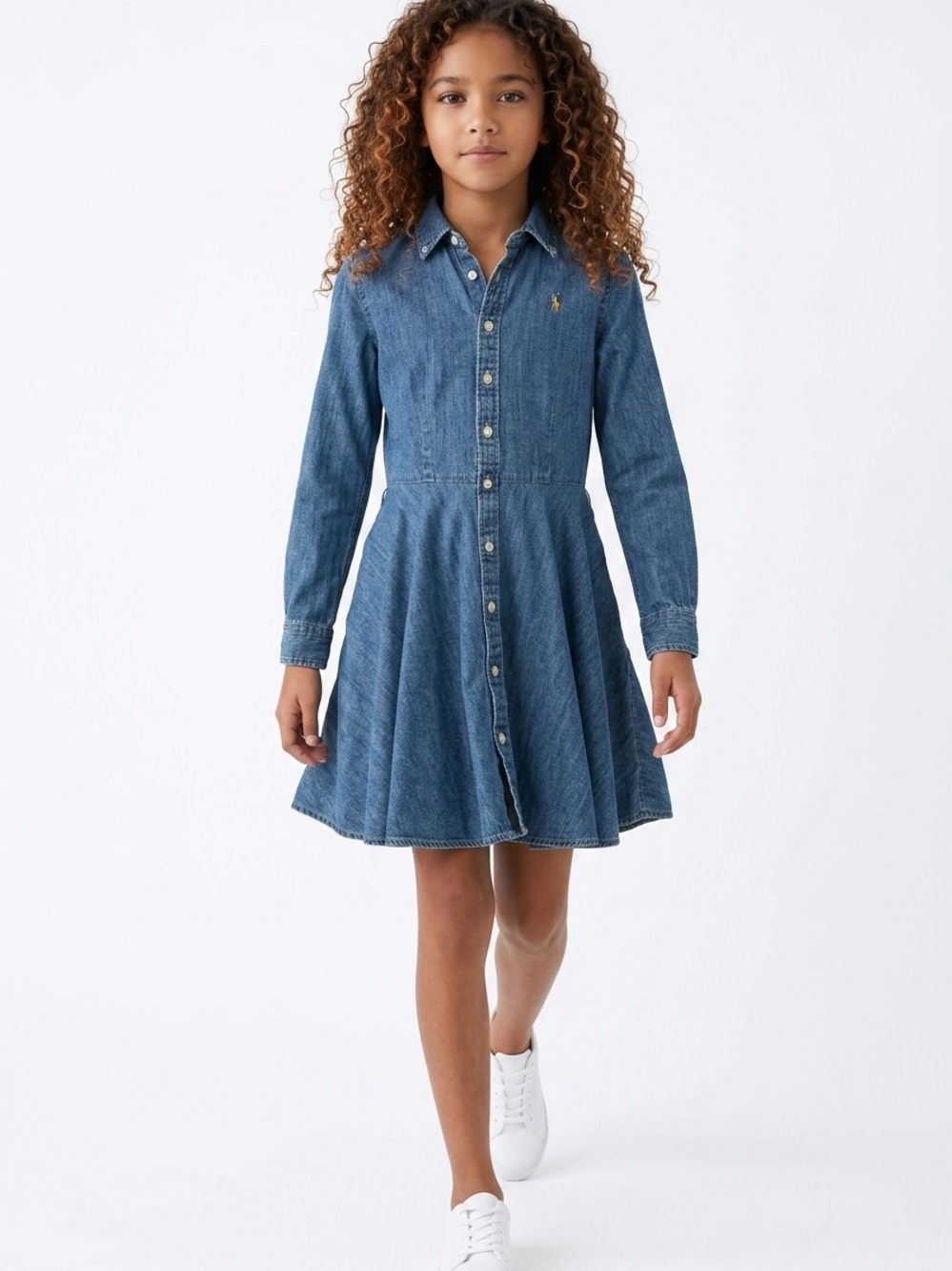 Ralph Lauren Girls' 12 Long Sleeve 2 Pocket Button Down Front Denim Flare Dress